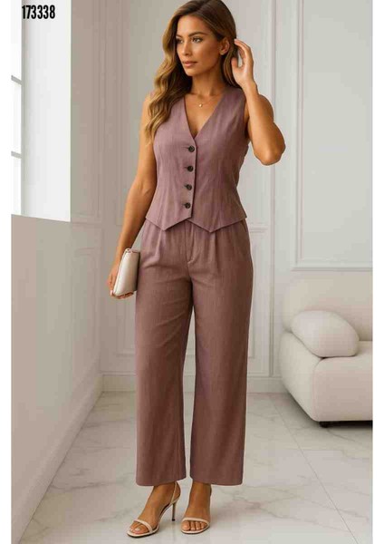 Kadın Sıfır Kollu Düğmeli Yelek ve Pantolon Bürümcük Ikili Takım, Kırmızı Gül Figürlü Kolye Hediye