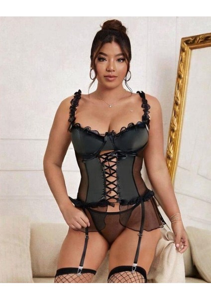 Eyesof Kadın Çoraplı Lame Deri Fantezi Kostüm Elbise Seksi Gece Fantezi Kostüm 9002