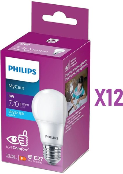 8 Watt - 60W Beyaz Işık LED Ampul E27 12'li