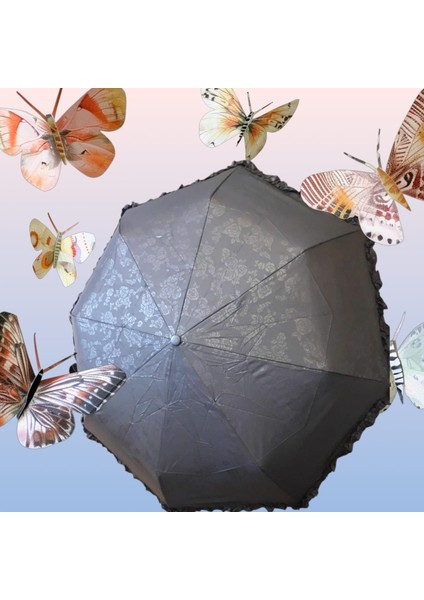 Mini Çanta Boy Tam Otomatik Gül Desenli Siyah Bayan Şemsiyesi