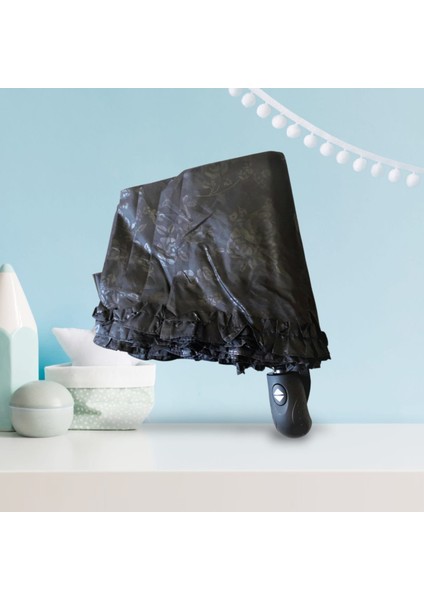 Mini Çanta Boy Tam Otomatik Gül Desenli Siyah Bayan Şemsiyesi fiyatları