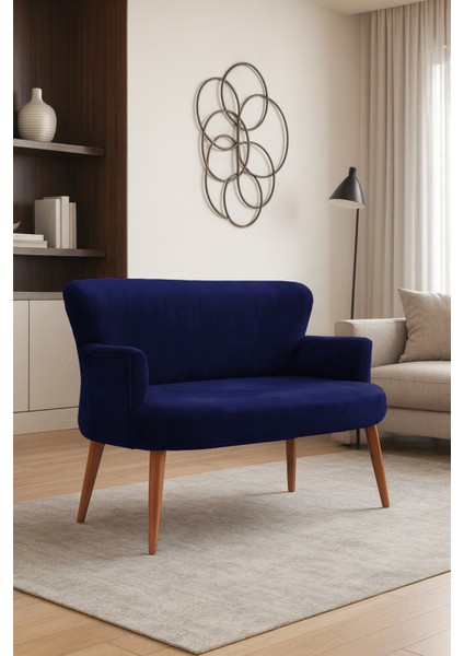 - Roma Modern Ikili Koltuk Kanepe - Babyface Kumaş - Düğmesiz - Ahşap Ayak - Lacivert