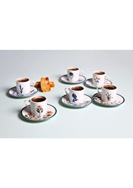 Flower Garden 12 Parça Renkli Porselen Kahve Fincan Takımı 6 Kişilik Desenli