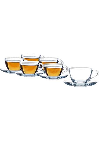 Basic Fincan Takımı 12 Parça 240 ml Hacimli Şeffaf Cam Kulplu 6 Fincan ve Tabak