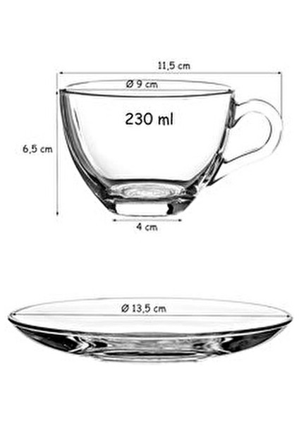 Basic Fincan Takımı 12 Parça 240 ml Hacimli Şeffaf Cam Kulplu 6 Fincan ve Tabak