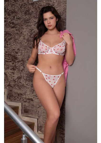 Tül Baskılı Transparan Sütyen Takımı Desteksiz Balenli String Külot 75B-90B