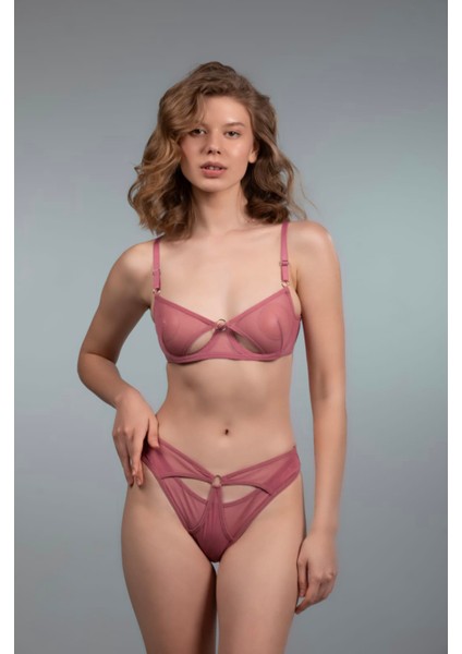 Tül Transparan Halkalı Detaylı Sütyen Takımı Desteksiz Balenli 75B-90B