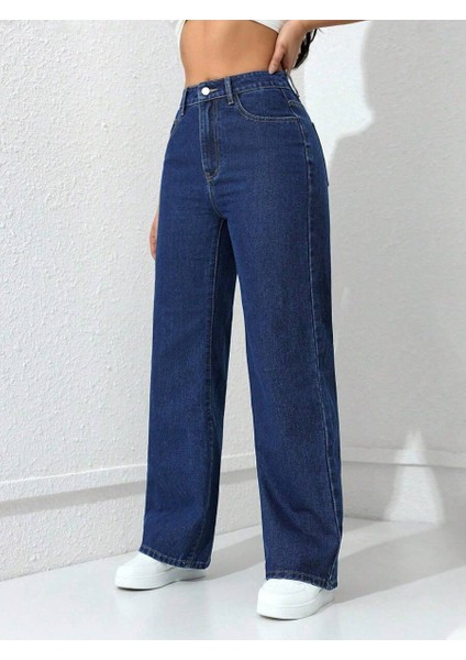 Kadın Baggy Fit Yüksek Bel Denim Jean Yıkamalı Pantolon