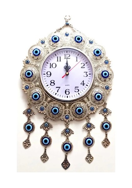 Nazar Boncuklu Gümüş Kaplama Solmaz Kararmaz Duvar Saati