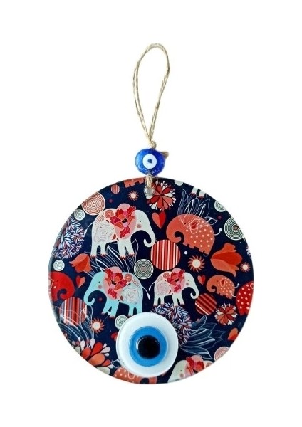 Nazar Boncuklu Fil Desenli Duvar Süsü Füzyon Cam Filli Duvar Dekoru