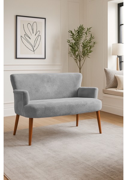 - Roma Modern Ikili Koltuk Kanepe - Welsoft Yumuşak Kumaş - Ahşap Ayak - Açık Gri