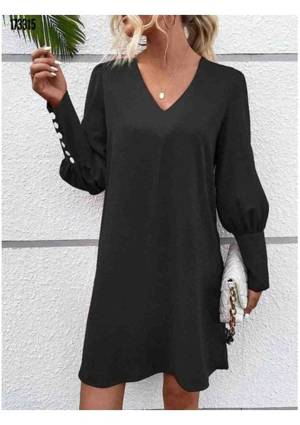 Kadın Uzun Kollu V Yakalı Kısa Ithal Krep Elbise, Kırmızı Gül Figürlü Kolye Hediye modelleri