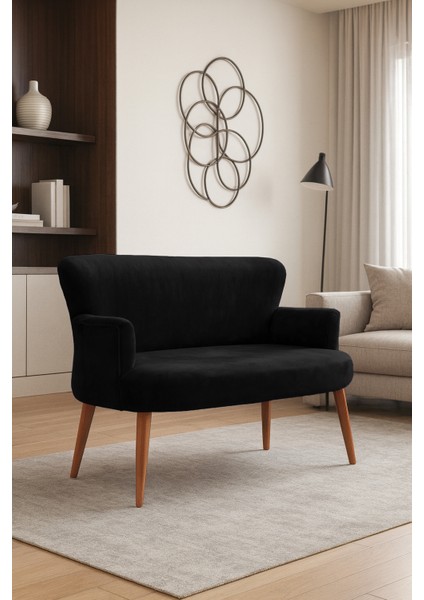 - Roma Modern Ikili Koltuk Kanepe - Babyface Kumaş - Düğmesiz - Ahşap Ayak - Siyah