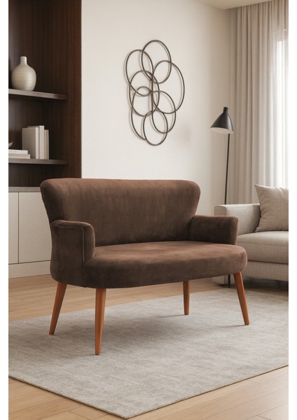 - Roma Modern Ikili Koltuk Kanepe - Babyface Kumaş - Düğmesiz - Ahşap Ayak - Kahverengi