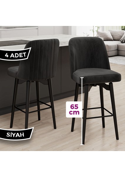 Evax Serisi 4 Adet Siyah Bar Sandalyesi 360°C Döner Bar Sandalyesi Babyface Kumaş Siyah Metal Ayaklı