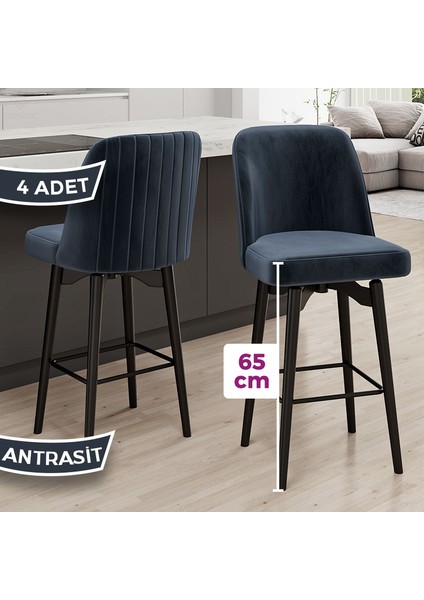 Evax Serisi 4 Adet Antrasit Bar Sandalyesi 360°C Döner Bar Sandalyesi Babyface Kumaş Siyah Metal Ayaklı