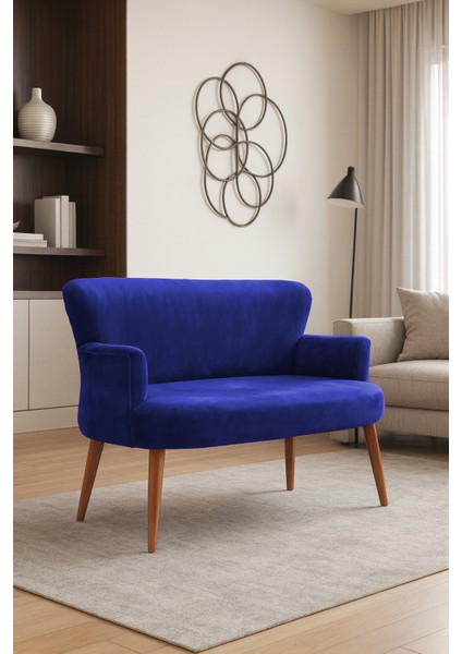 - Roma Modern Ikili Koltuk Kanepe - Babyface Kumaş - Düğmesiz - Ahşap Ayak - Saks Mavi