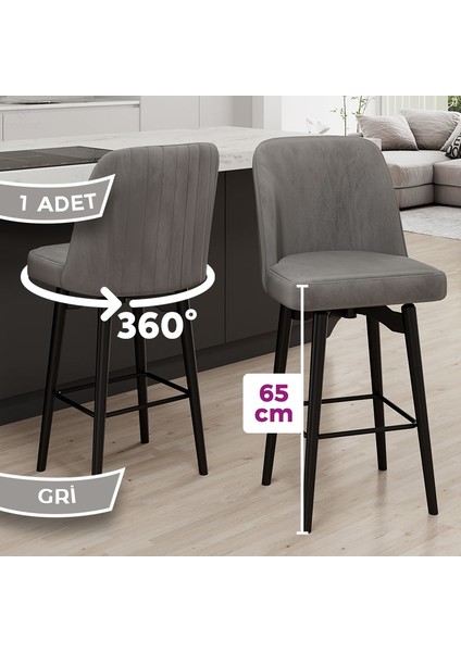 Evax Serisi 1 Adet Gri Bar Sandalyesi 360°C Döner Bar Sandalyesi Babyface Kumaş Siyah Metal Ayaklı