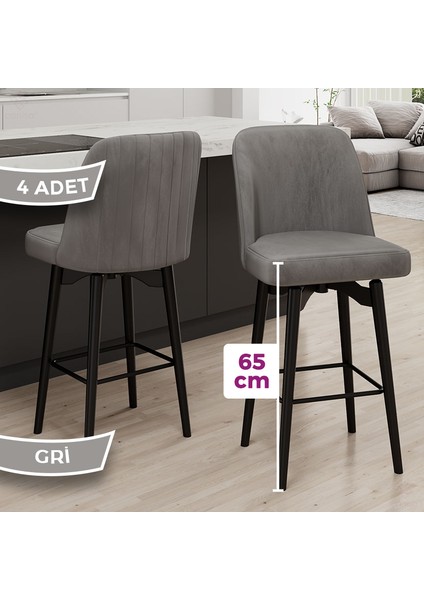 Evax Serisi 4 Adet Gri Bar Sandalyesi 360°C Döner Bar Sandalyesi Babyface Kumaş Siyah Metal Ayaklı