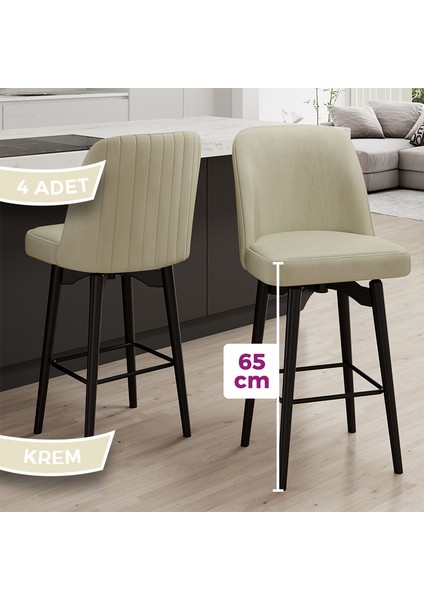 Evax Serisi 4 Adet Krem Bar Sandalyesi 360°C Döner Bar Sandalyesi Babyface Kumaş Siyah Metal Ayaklı