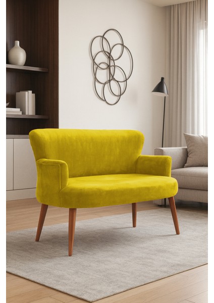 - Roma Modern Ikili Koltuk Kanepe - Babyface Kumaş - Düğmesiz - Ahşap Ayak - Sarı