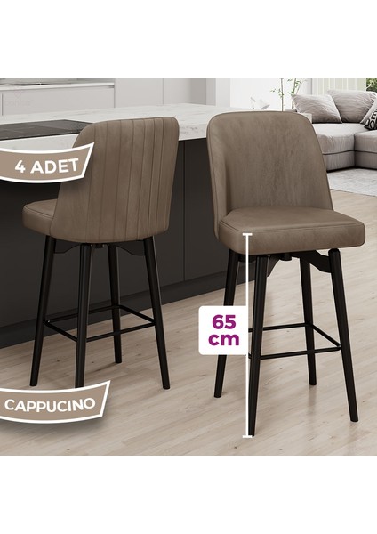 Evax Serisi 4 Adet Cappucino Bar Sandalyesi 360°C Döner Bar Sandalyesi Babyface Kumaş Siyah Metal Ayaklı