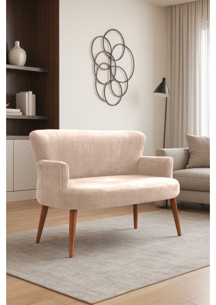 - Roma Modern Ikili Koltuk Kanepe - Babyface Kumaş - Düğmesiz - Ahşap Ayak - Krem