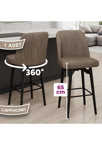 Evax Serisi 1 Adet Cappucino Bar Sandalyesi 360°C Döner Bar Sandalyesi Babyface Kumaş Siyah Metal Ayaklı