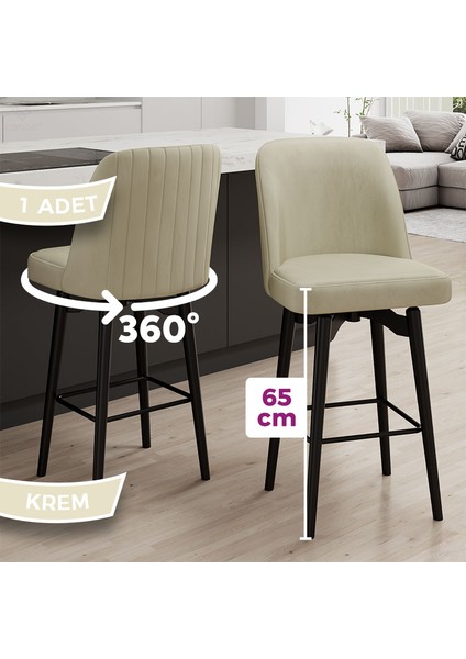 Evax Serisi 1 Adet Krem Bar Sandalyesi 360°C Döner Bar Sandalyesi Babyface Kumaş Siyah Metal Ayaklı