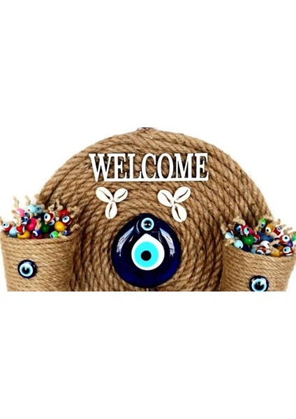 Üç Saksılı Welcome Yazılı Deniz Kabuklu Nazar Boncuklu Hasır Kapı Süsü fiyatları