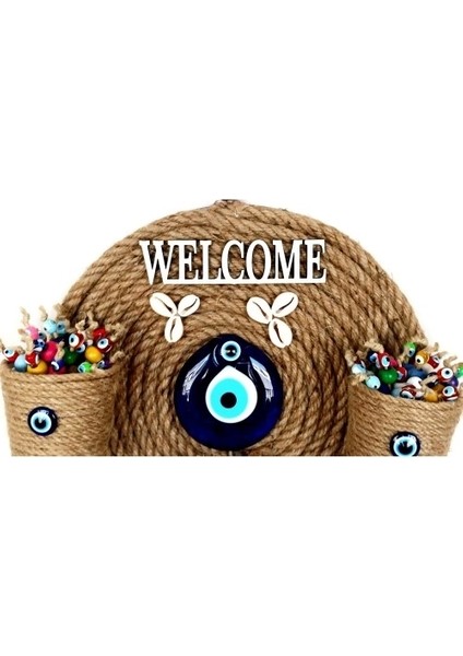 Üç Saksılı Welcome Yazılı Deniz Kabuklu Nazar Boncuklu Hasır Kapı Süsü modelleri