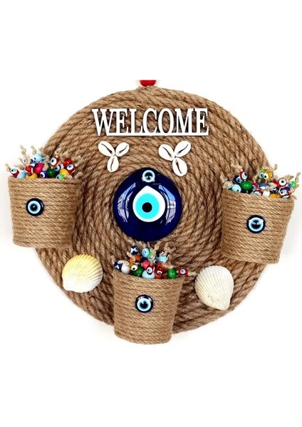 Üç Saksılı Welcome Yazılı Deniz Kabuklu Nazar Boncuklu Hasır Kapı Süsü fırsatları