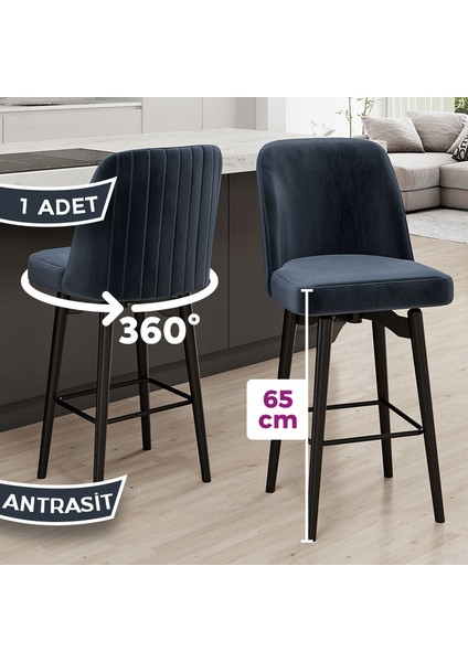 Evax Serisi 1 Adet Antrasit Bar Sandalyesi 360°C Döner Bar Sandalyesi Babyface Kumaş Siyah Metal Ayaklı