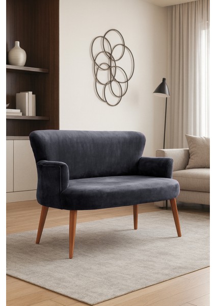 - Roma Modern Ikili Koltuk Kanepe - Babyface Kumaş - Düğmesiz - Ahşap Ayak - Antrasit