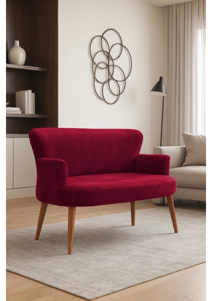 - Roma Modern Ikili Koltuk Kanepe - Babyface Kumaş - Düğmesiz - Ahşap Ayak - Kırmızı