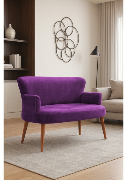 - Roma Modern Ikili Koltuk Kanepe - Babyface Kumaş - Düğmesiz - Ahşap Ayak - Mor