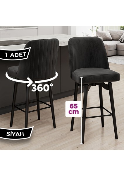 Evax Serisi 1 Adet Siyah Bar Sandalyesi 360°C Döner Bar Sandalyesi Babyface Kumaş Siyah Metal Ayaklı