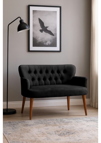 - Roma Modern Ikili Koltuk Kanepe - Babyface Kumaş - Ahşap Ayak - Siyah