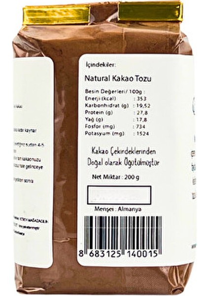 Ham Kakao Tozu 200 gr Doğal Katkısız Almanya Menşeli Zengin Besin İçeriği