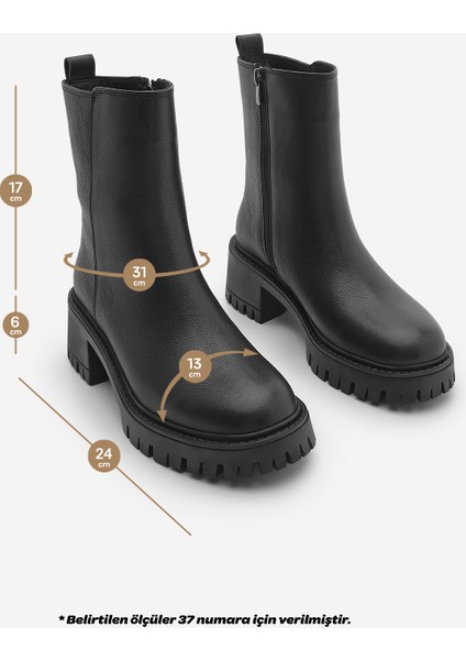 Kadın Hakiki Deri Fermuarlı Kalın Topuklu Tırtıklı Taban Günlük Bot Forlas Siyah