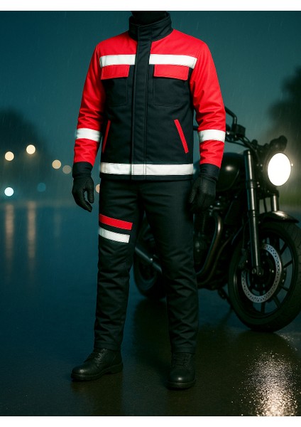 Motorcu Mont & Pantolon Takımı – Kışlık Lacivert Kırmızı, Su ve Rüzgar Geçirmez, Elyaflı, Reflektörlü