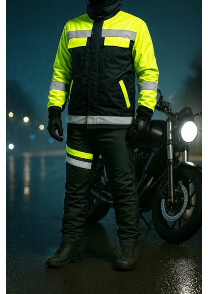 Motorcu Mont & Pantolon Takımı – Kışlık Lacivert, Su ve Rüzgar Geçirmez, Elyaflı, Reflektörlü