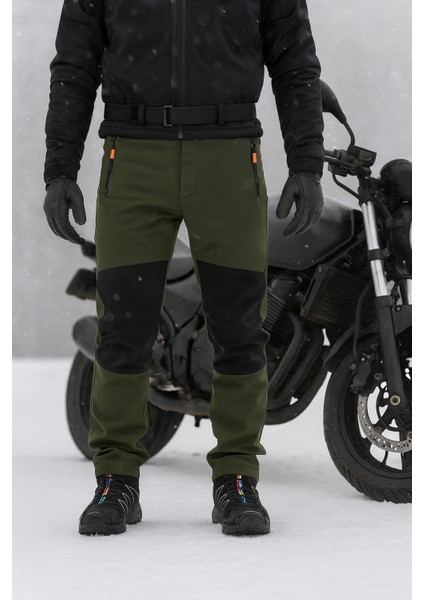 Kışlık Softshell Motorcu Pantolonu – Haki/Siyah, Su & Rüzgar Geçirmez, Polar İçli