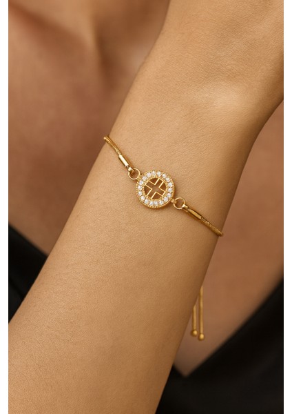 Zirkon Taşlı Yuvarlak Geometrik Desenli 14K Altın Kaplama Bileklik