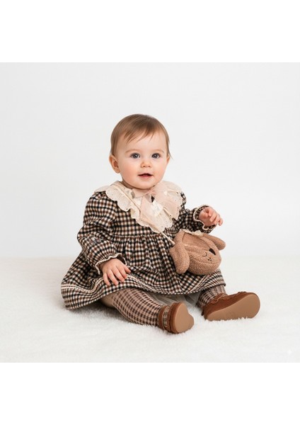 Kız Bebek Kareli Elbise ve Ayıcık Çanta Takımı