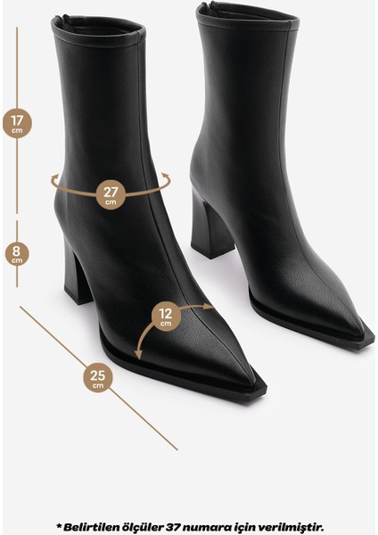 Kadın Topuklu Bot Sivri Burun Arkadan Fermuarlı Kalın Ökçe Kikas Siyah