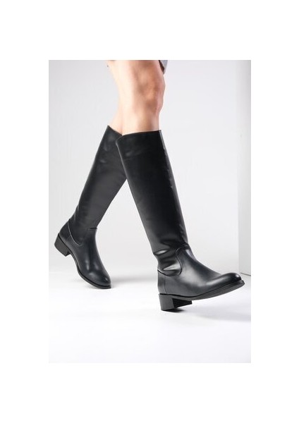 Kadın Klasik Siyah Çizme Suni Deri 3 cm Topuk İnce Suni Kürk Astarlı