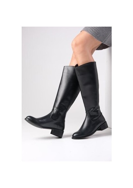 Kadın Klasik Siyah Çizme Suni Deri 3 cm Topuk İnce Suni Kürk Astarlı
