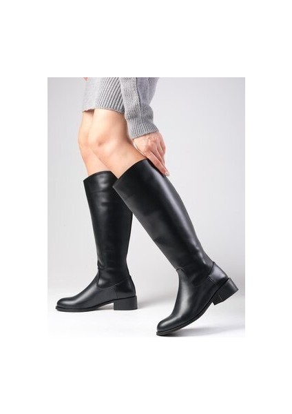 Kadın Klasik Siyah Çizme Suni Deri 3 cm Topuk İnce Suni Kürk Astarlı
