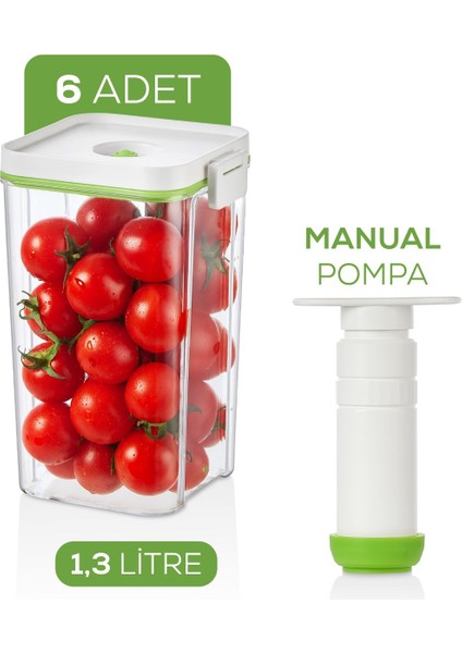 7'li Vakumlu Saklama Kabı Seti | 6x 1,3 Litre Kap + Manuel Pompa